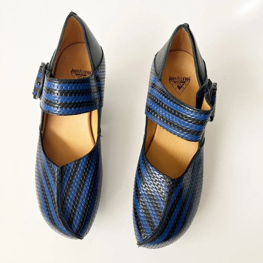 John Fluevog Mary Janes Heels 7.5 Blue Black Prepare Leader Striped Leather